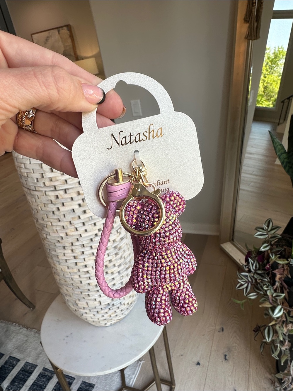 Natasha Couture Pink Crystal Bear Keychain with Braided Wristlet